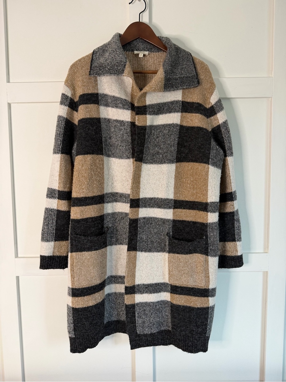 Plaid Long Open-Front Pea Coat in Beige, Gray & Black - XL